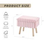 Pink Faux Fur Storage Ottoman with Wood Tray & Hidden Storage – Small Vanity Stool / Footrest / Coffee Table
