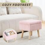 Pink Faux Fur Storage Ottoman with Wood Tray & Hidden Storage – Small Vanity Stool / Footrest / Coffee Table