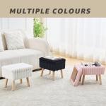 Pink Faux Fur Storage Ottoman with Wood Tray & Hidden Storage – Small Vanity Stool / Footrest / Coffee Table